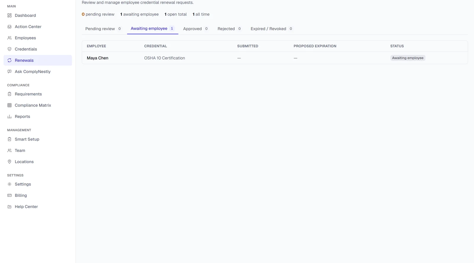 ComplyNestly Renewals list showing renewal tasks awaiting employee submission and manager review